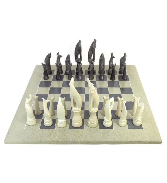 Hand-carved Soapstone Chess Set With Safari Animal Pieces