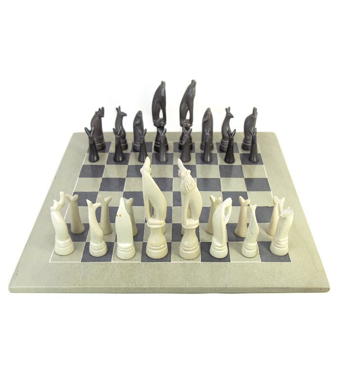 Hand carved Soapstone Chess Set With Safari Animal Pieces