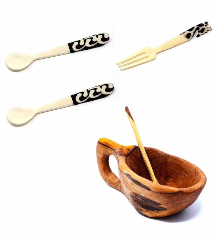 Bone & Wood Bar Set (2 Spoons, 1 Fork, Olive Pot)