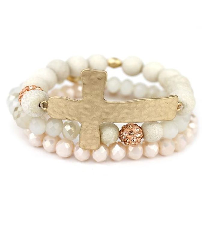 Soft Pink Soap Stone And Crystal With Cross 3 Stretch Bracelet Set