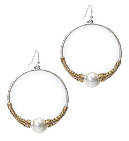 Gold And Silver Wire Wrap Hoop Earring With Pearl