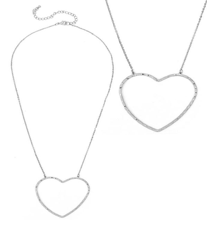 Silver Metal Open Heart Pendant Necklace