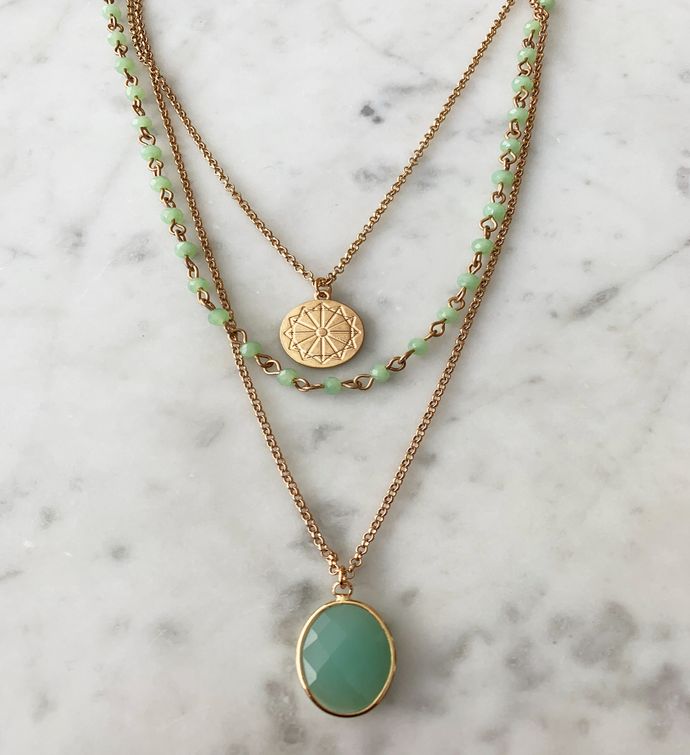 Gold plated & Green Chalcedony Multi layered Pendant Necklace