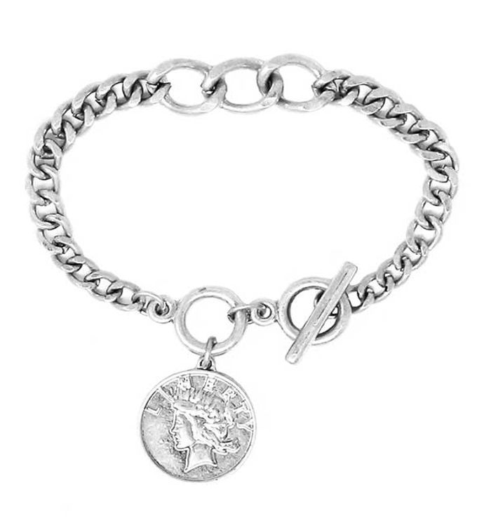 Silver Coin Charm Chain Toggle Bracelet