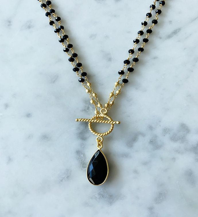 Michaela Double Lariat Necklace Black Onyx Chain With Black Onyx Drop