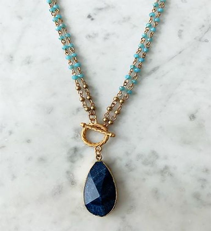Aqua Blue Crystal Layered Necklace With Natural Stone Sapphire Drop