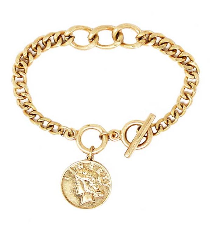 Gold Coin Charm Chain Toggle Bracelet