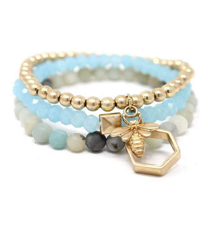 Blue Bee And Hive Charm And Soap Stone Triple Stretch Bracelet Set Of 3