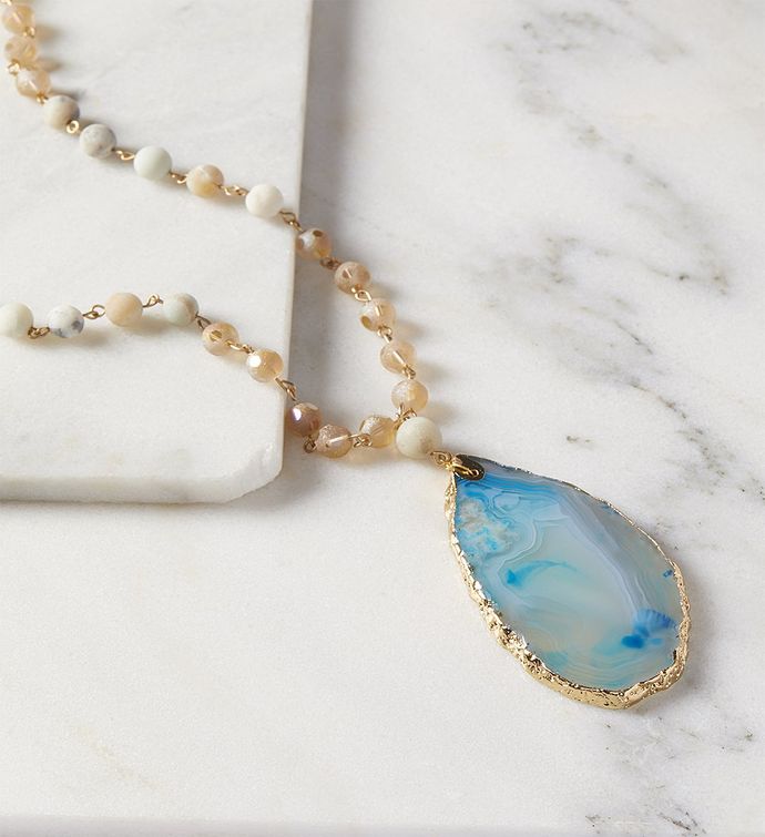 Natural Cut Blue Agate Beaded Stone Necklace