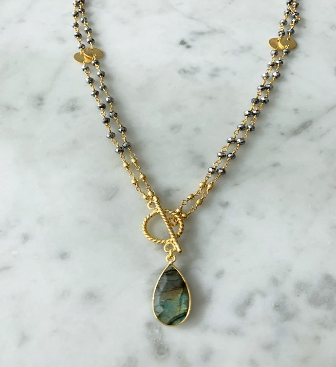Double Lariat Necklace Polished Pyrite Coin Chain With Labradorite