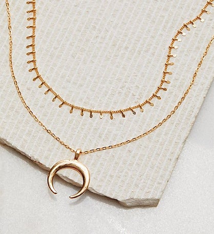 Gold 2 Layered Crescent Moon Choker Necklace Adjustable 