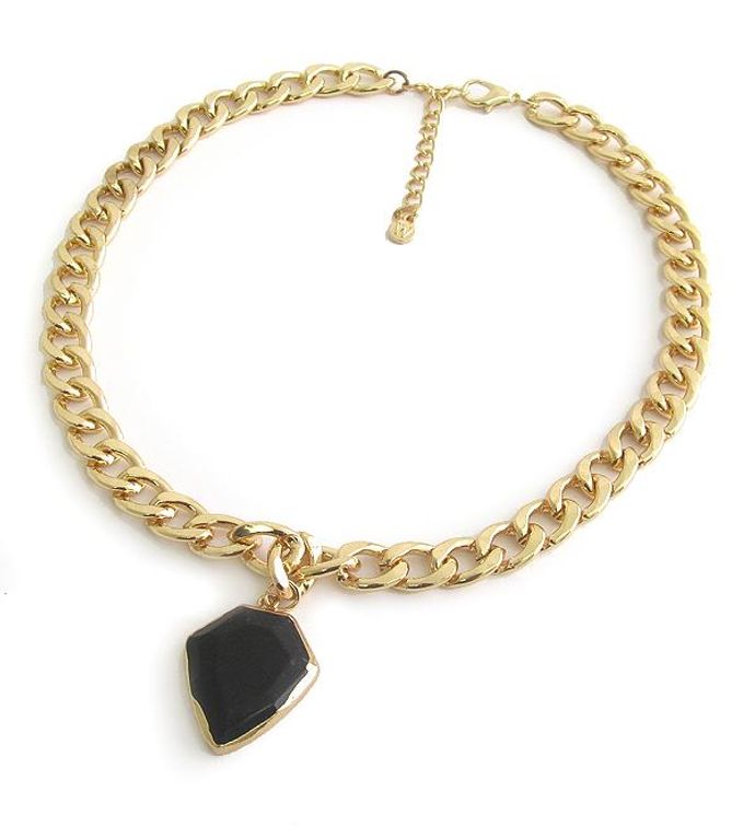 Semi Precious Stone Black Onyx Pendant And Chunky Chain Necklace