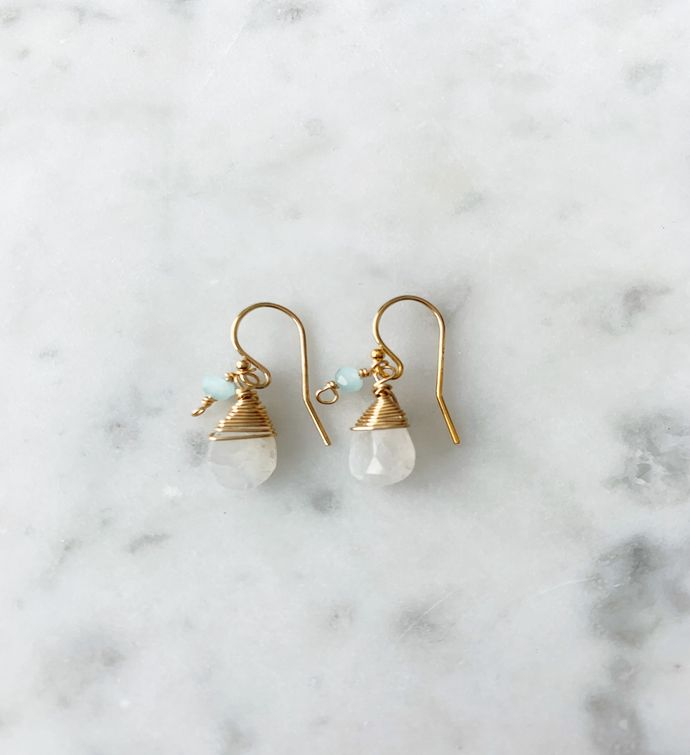 Jill Short Drop Earring In Rainbow Moonstone With Chalcedony Drop