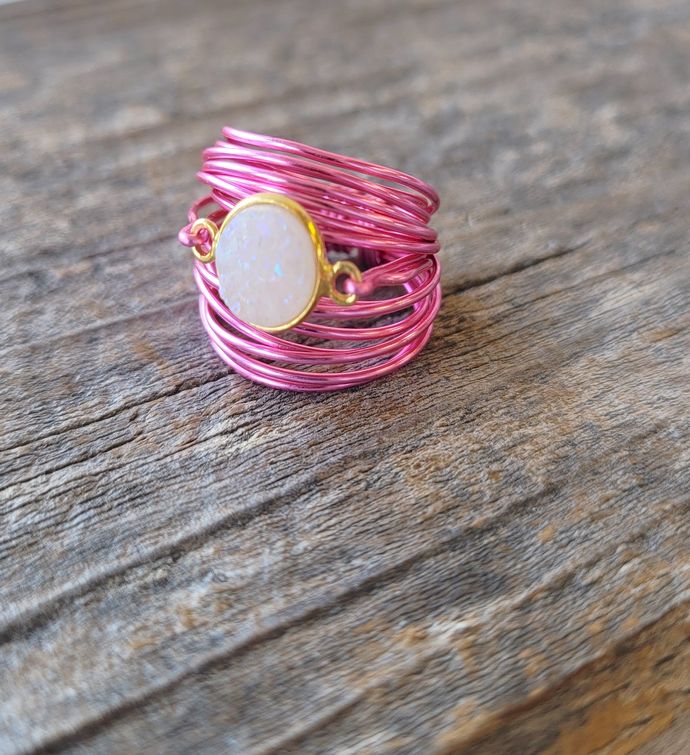 Hot Pink Torrey Ring In White Druzy