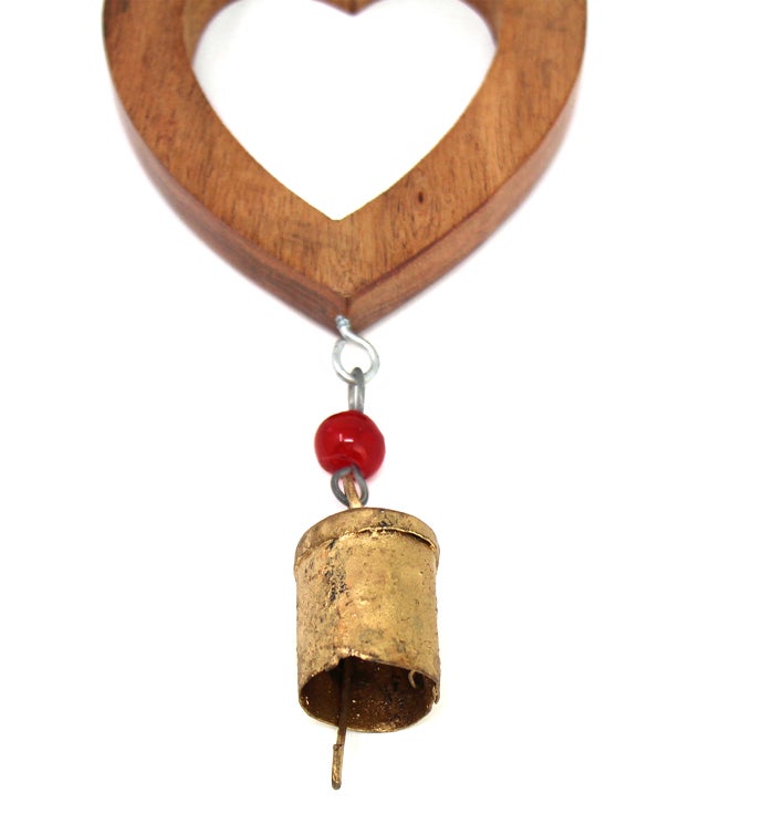 Handcrafted Wood Heart Chime With Recycled Iron Bell