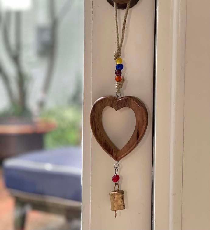 Handcrafted Wood Heart Chime With Recycled Iron Bell