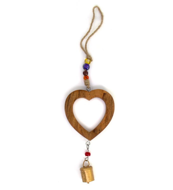 Handcrafted Wood Heart Chime With Recycled Iron Bell