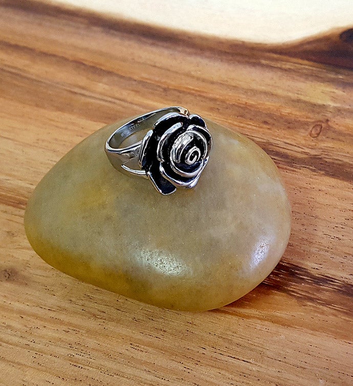 Stainless Steel Blooming Antiqued Rose Ring