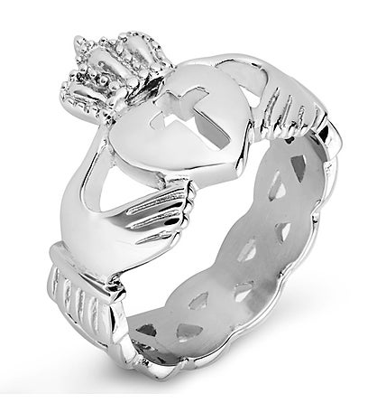 Cut-Out Cross Celtic Knot Band Stainless Steel Claddagh Ring