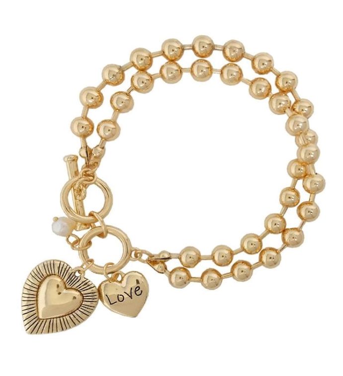 "love" Gold Heart And Pearl Charm Toggle Bracelet