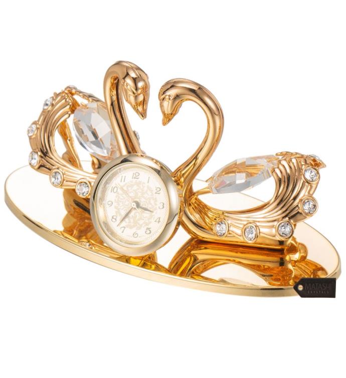 24k Gold Plated Loving Swans Figurine Table-top Clock Ornament By Matashi