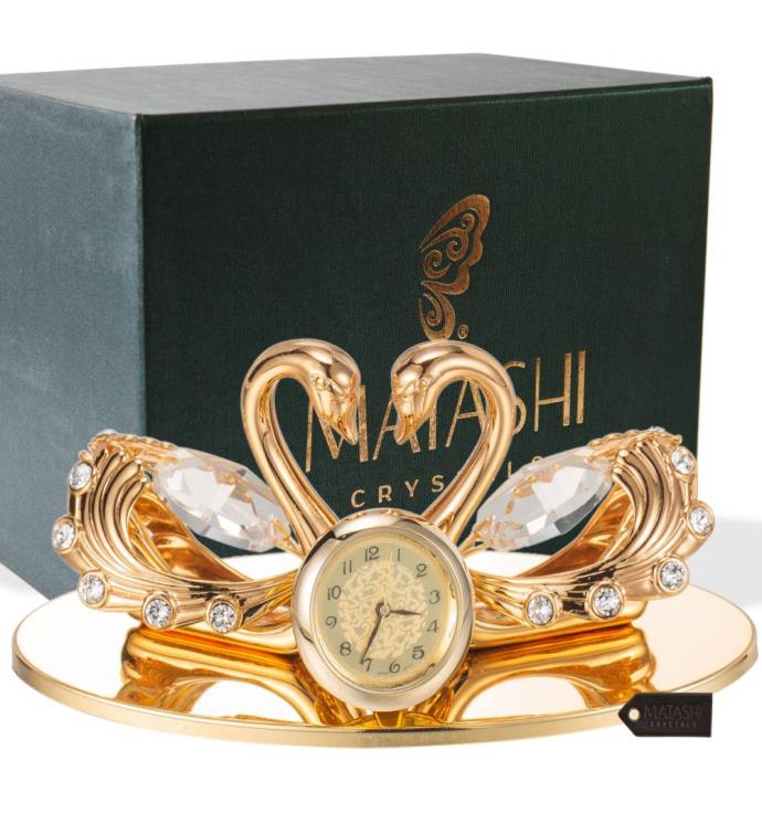 24k Gold Plated Loving Swans Figurine Table-top Clock Ornament By Matashi