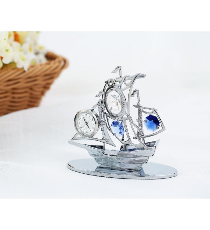 Matashi Chrome Plated Silver Sailboat Tabletop Ornament With Clock