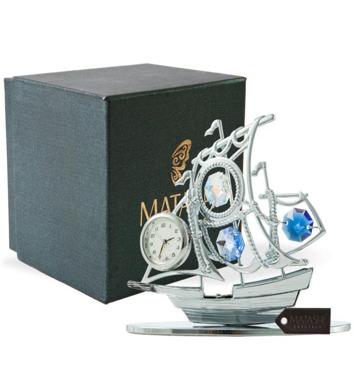 Matashi Chrome Plated Silver Sailboat Tabletop Ornament With Clock