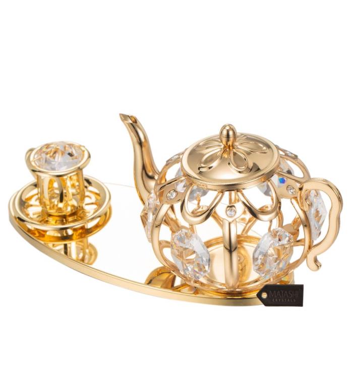 24k Gold Plated Crystal Studded Gold Tea Set Ornament By Matashi