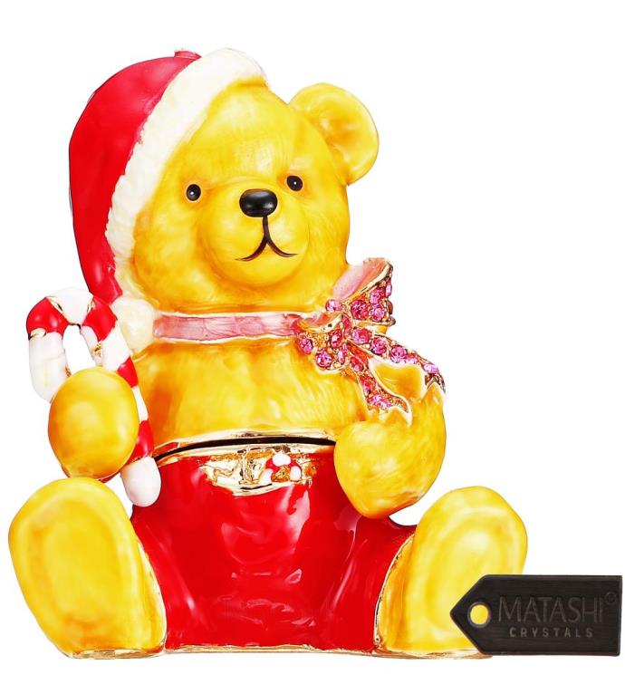 Matashi Hand painted Candy Cane Christmas Bear Trinket Box Jewelry Holder