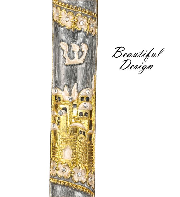 Hand Painted Grey Enamel Mezuzah With Jerusalem City Design