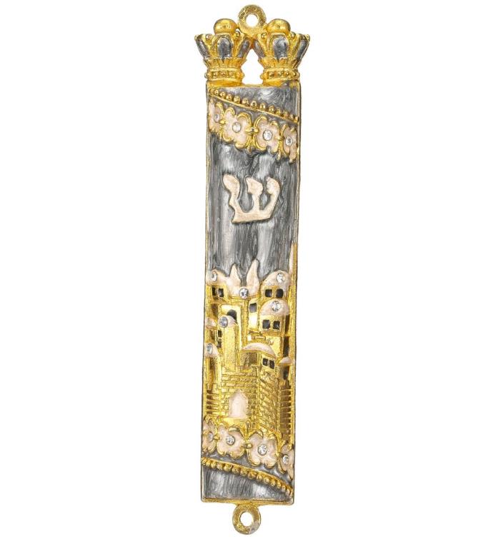 Hand Painted Grey Enamel Mezuzah With Jerusalem City Design