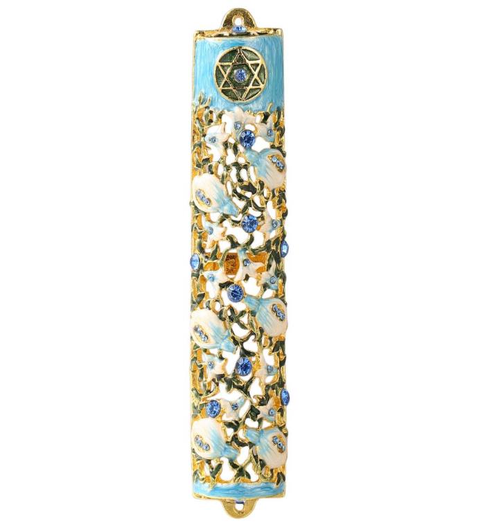 3.5" Hand Painted Enamel Mezuzah With A Ivy And Flowers Design