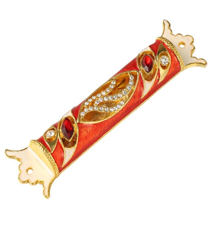 4.5" Hand Painted Enamel Mezuzah With A Royal Red Design