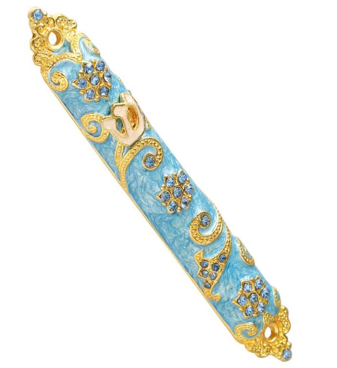 4.5" Hand Painted Enamel Mezuzah Embellished W/ A Rich Blue Judaica Design