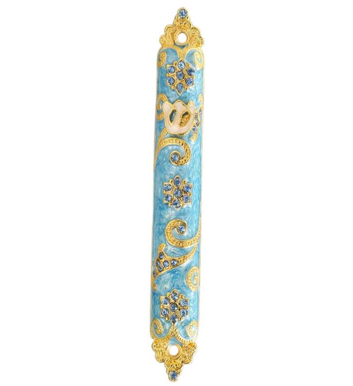 4.5" Hand Painted Enamel Mezuzah Embellished W/ A Rich Blue Judaica Design