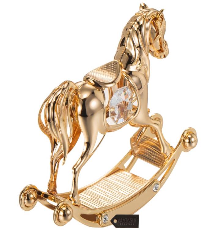 24k Gold Plated Crystal Studded Rocking Horse Ornament By Matashi