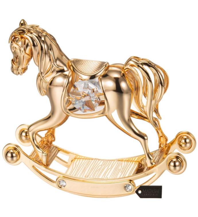 24k Gold Plated Crystal Studded Rocking Horse Ornament By Matashi