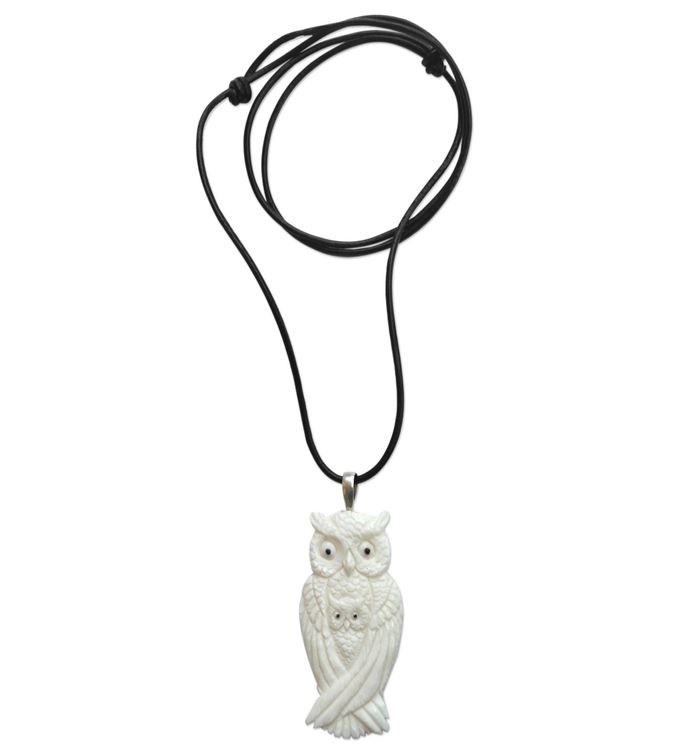 Novica White Owl Family Bone And Leather Pendant Necklace