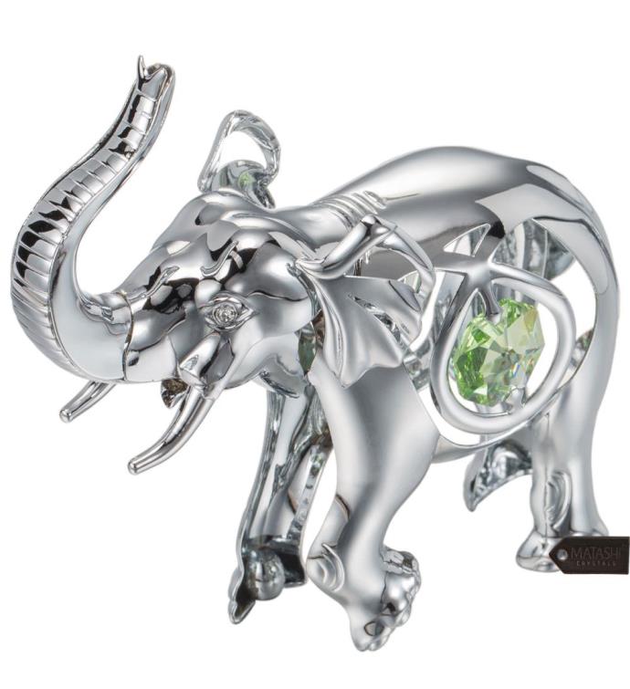 Chrome Plated Silver Elephant Ornament With Clear Crystals By Matashi