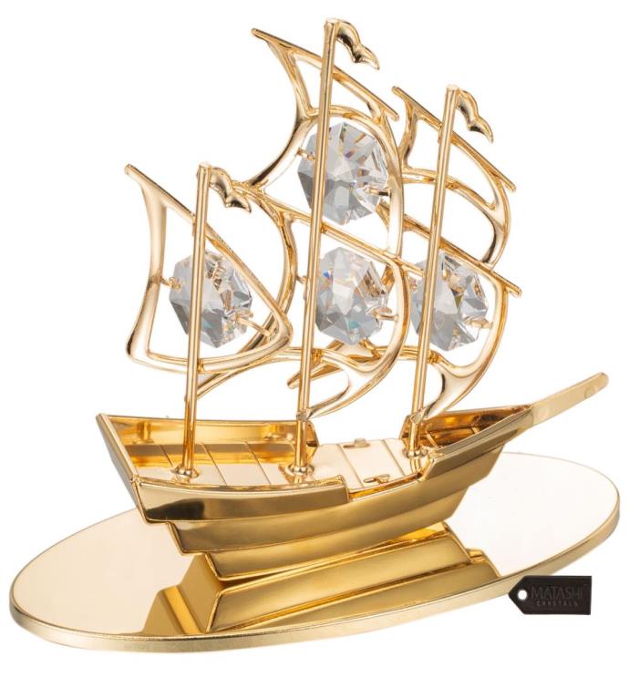 24k Gold Plated Crystal Studded Mayflower Sailing Ship Ornament By Matashi