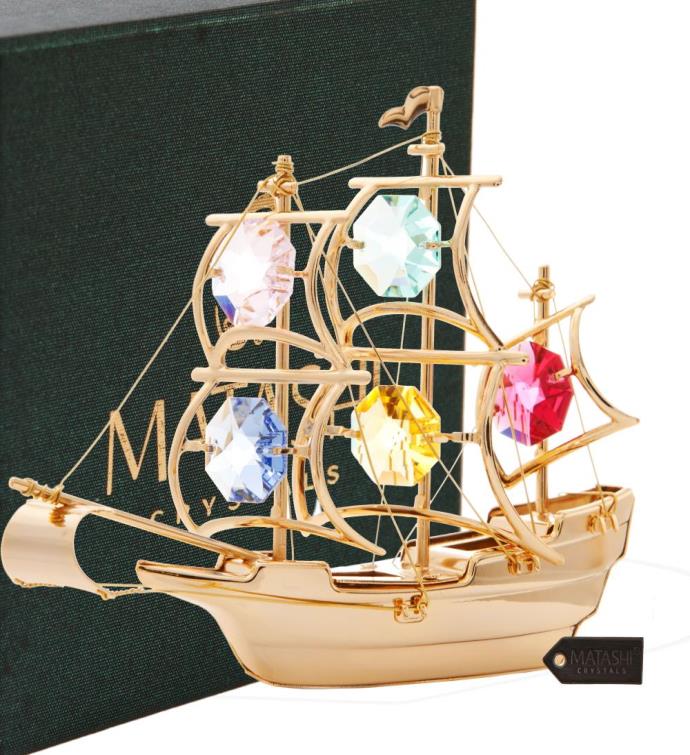 24k Gold Plated Crystal Mayflower Ornament W/ Colored Crystals By Matashi