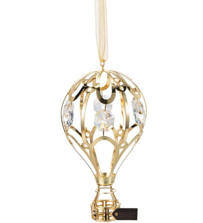 24k Gold Plated Crystal Studded Gold Hot Air Balloon Ornament By Matashi