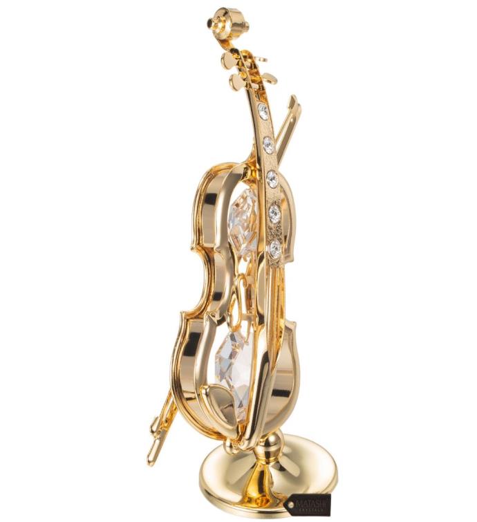 24k Gold Plated Crystal Studded Violin On A Stand Ornament By Matashi