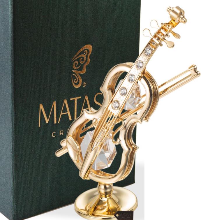 24k Gold Plated Crystal Studded Violin On A Stand Ornament By Matashi