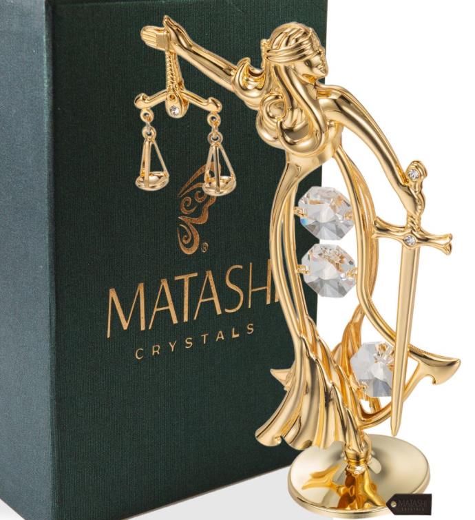 24k Gold Plated Crystal Studded Lady Of Justice Ornament By Matashi