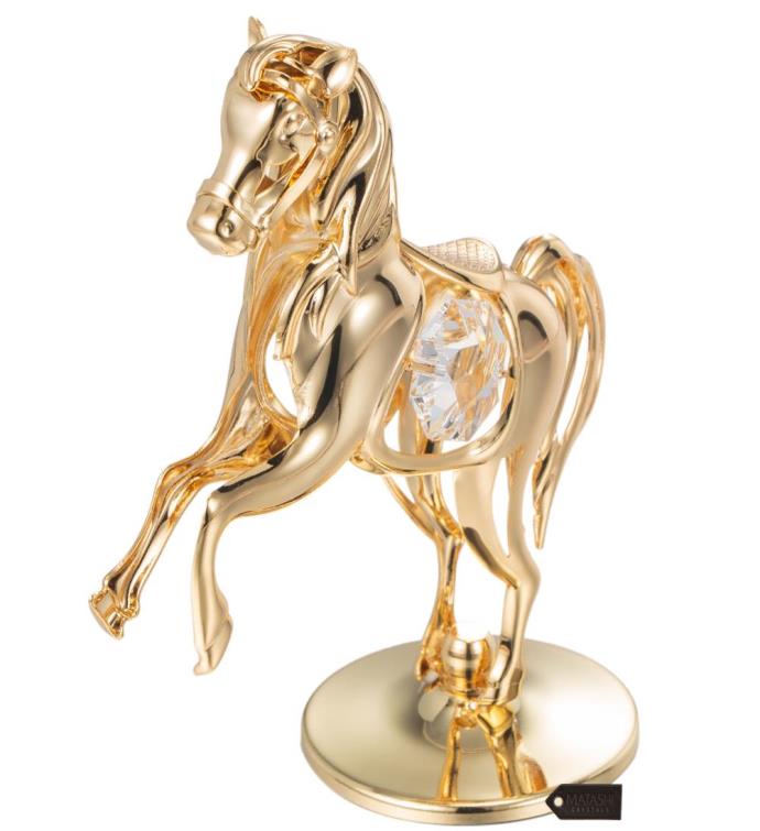 24k Gold Plated Crystal Studded Horse On A Pedestal Ornament By Matashi