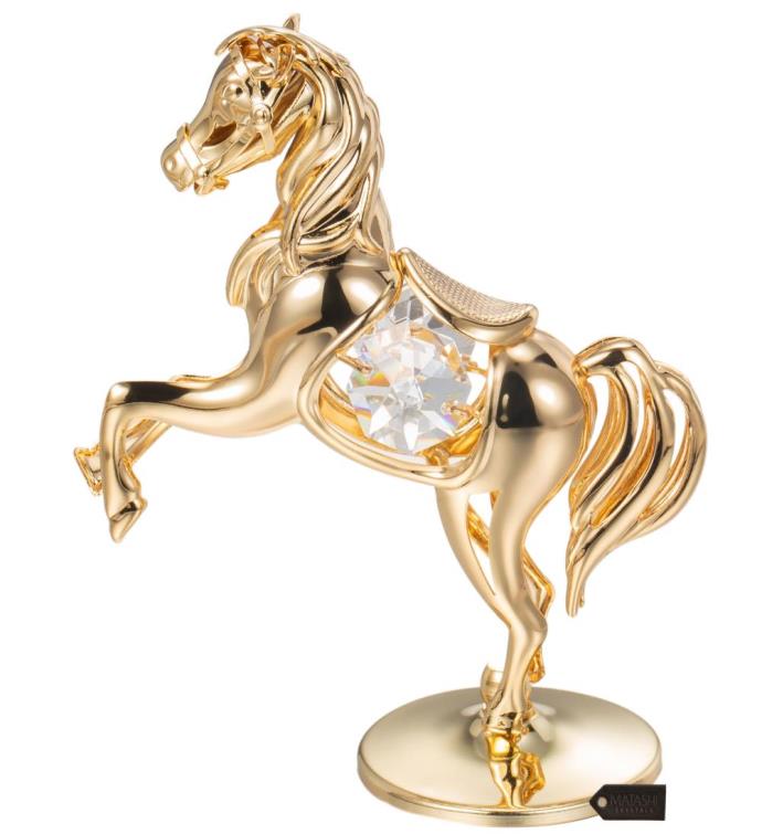 24k Gold Plated Crystal Studded Horse On A Pedestal Ornament By Matashi