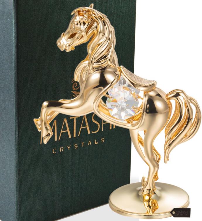 24k Gold Plated Crystal Studded Horse On A Pedestal Ornament By Matashi