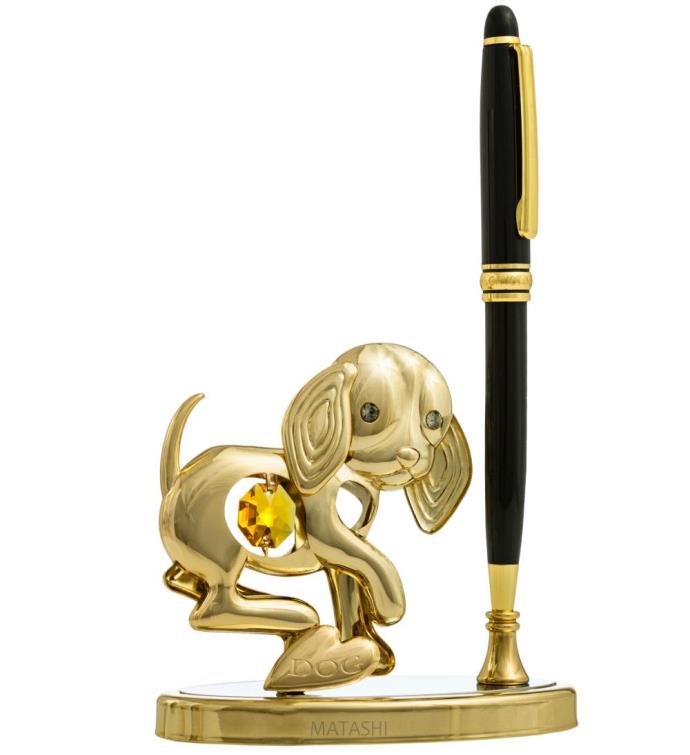 24k Gold Plated Puppy Pen Set  black Ballpoint  Table Top Ornament